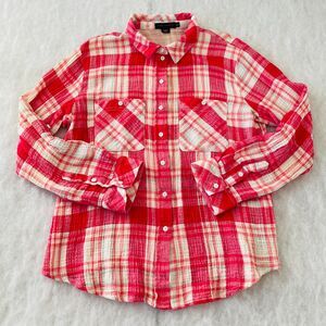 Sanctury Pink Plaid Womens Tomyboy Shirt Cotton Size XL Roll Tab Sleeve pockets